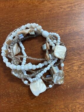 Elegant Multi-Strand White & Cream Polished Shell Bead and Beaded Bracelet